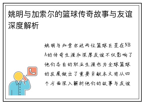 姚明与加索尔的篮球传奇故事与友谊深度解析
